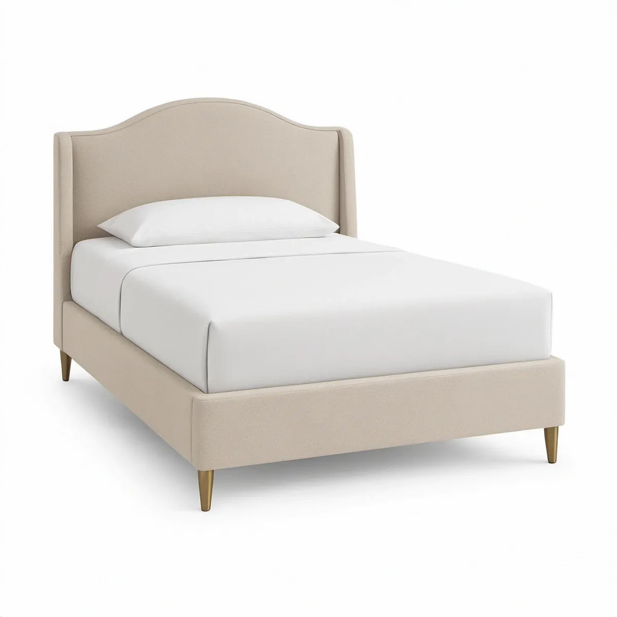 Beige enkeltseng med buet polstret sengegavl og guldfarvede ben, 90 x 200 cm
