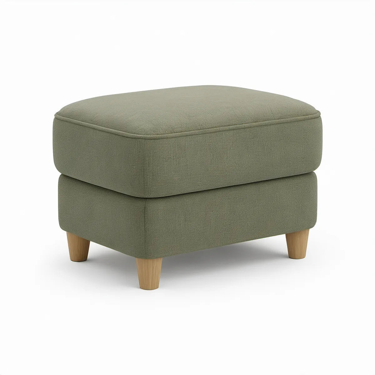 Polstret rektangulær fodskammel i olivengrøn bouclé, 70 x 60 x 44 cm