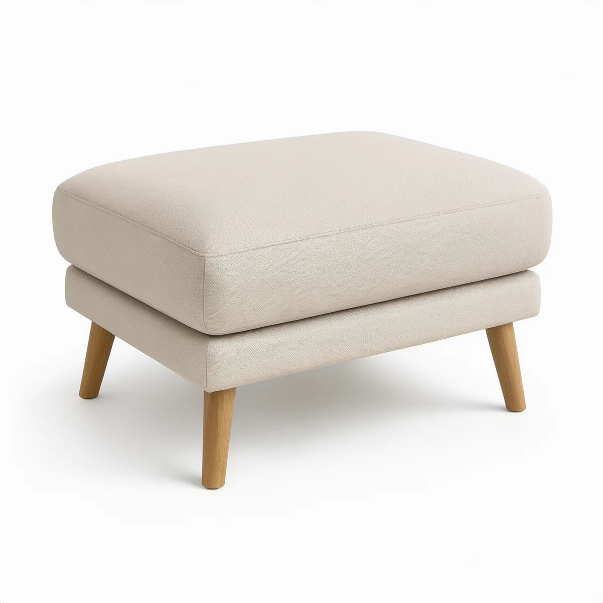 Polstret fodskammel i beige polyester med ben i massiv eg, 70 x 55 x 45 cm