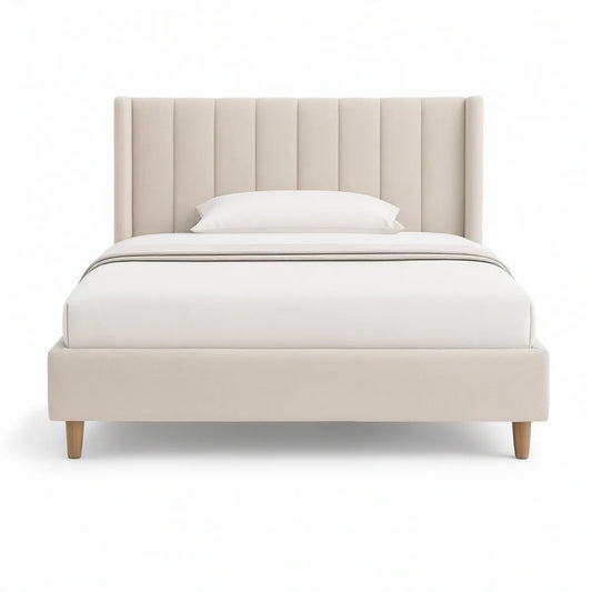 Beige polstret sengeramme med sengegavl, 160 x 200 cm