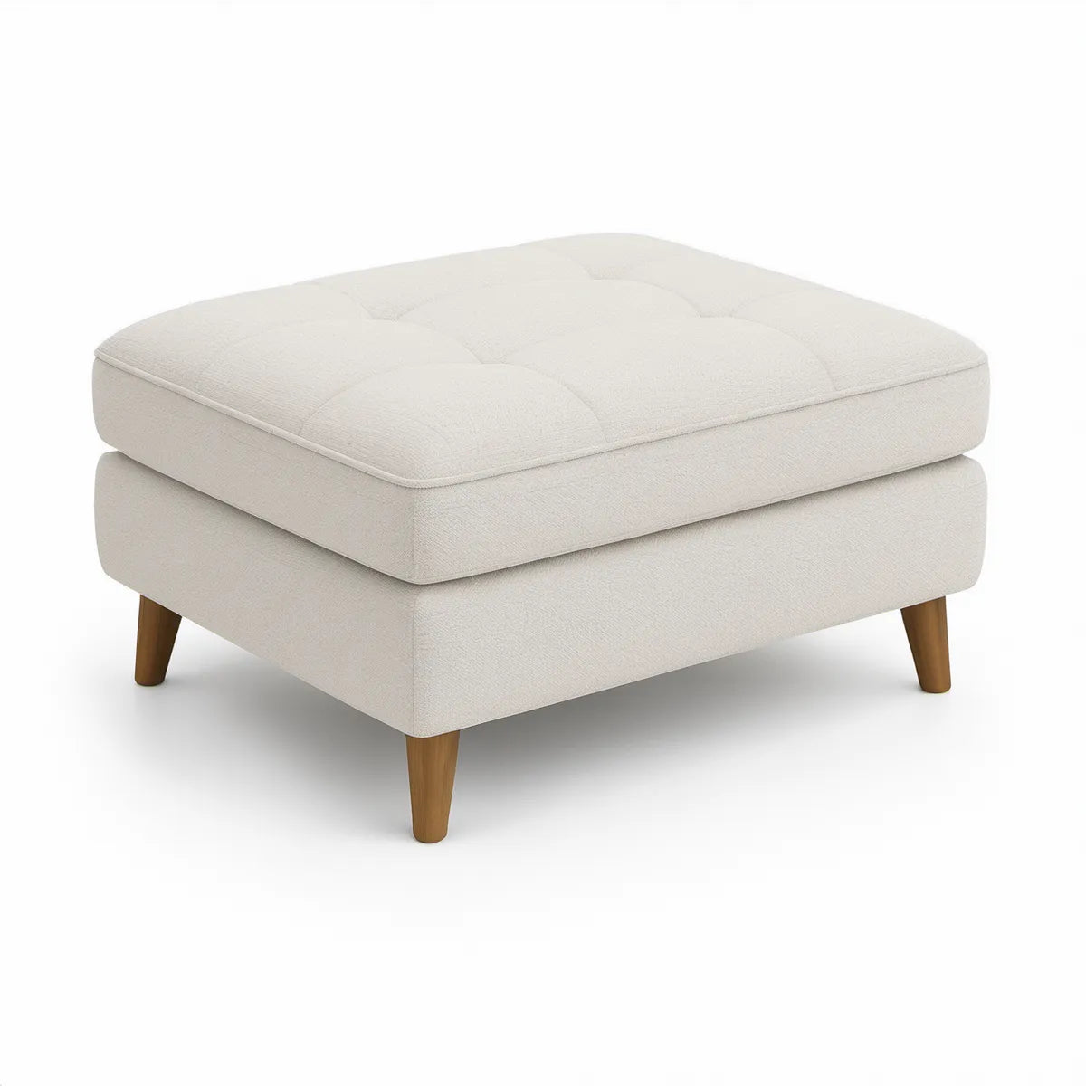 Polstret fodskammel i cremefarvet polyester med brune træben, 80 x 80 x 45 cm