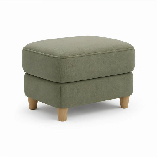 Polstret rektangulær fodskammel i olivengrøn bouclé, 70 x 60 x 44 cm