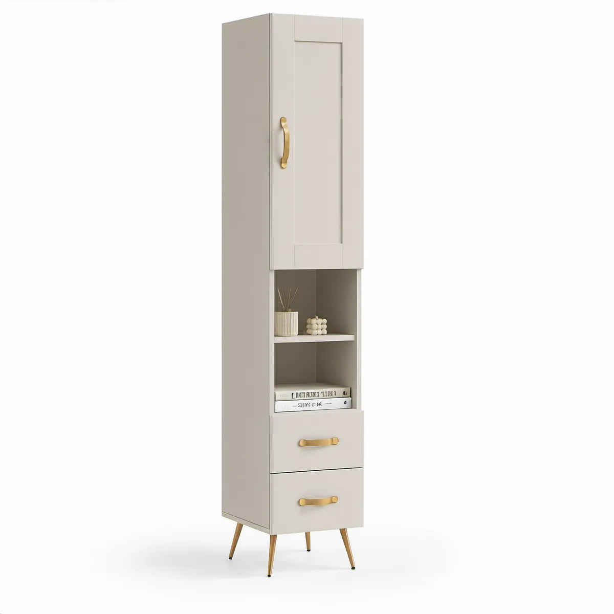 Høj skænk med låge, åbne hylder og 2 skuffer, 40 x 35 x 180 cm, beige og guld