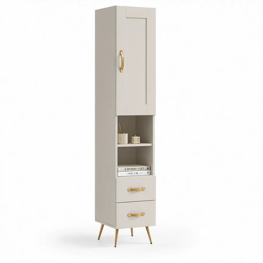 Høj skænk med låge, åbne hylder og 2 skuffer, 40 x 35 x 180 cm, beige og guld