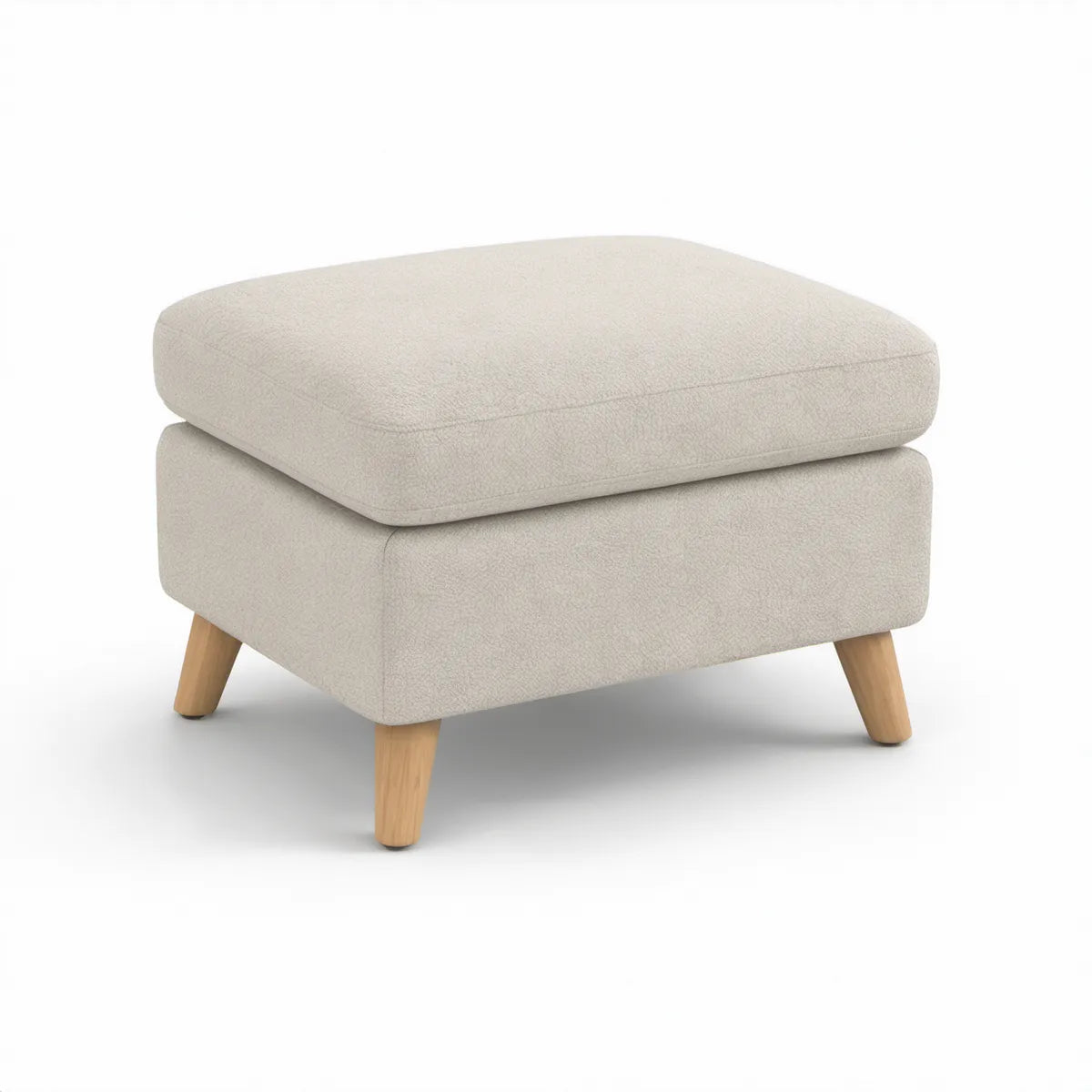 Polstret fodskammel i creme bouclé med naturfarvede træben, 70 x 55 x 43 cm