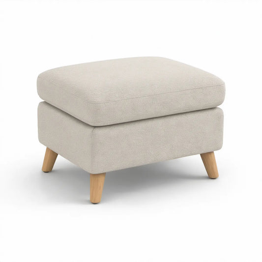 Polstret fodskammel i creme bouclé med naturfarvede træben, 70 x 55 x 43 cm