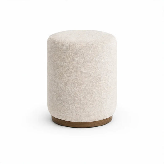 Rund puf i cremefarvet bouclé med valnøddebrun sokkel, Ø40 x H45 cm