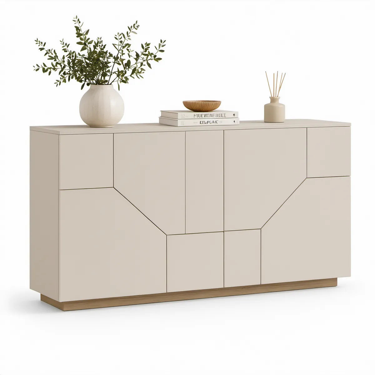 Beige skænk med 4 låger og trædekor, 160 x 40 x 80 cm