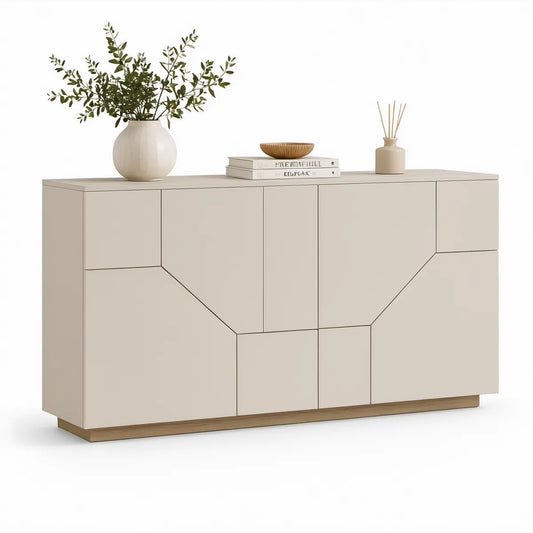 Beige skænk med 4 låger og trædekor, 160 x 40 x 80 cm